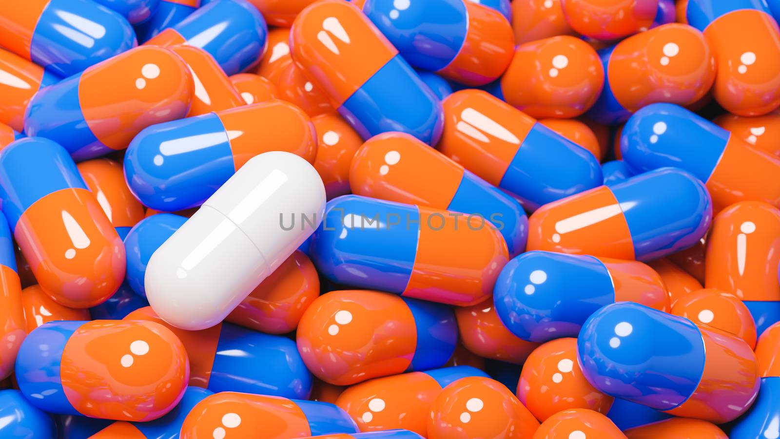 Close up of white pill capsule in many orange and blue pills capsules. Medicine and Specialty Pharmaceuticals concept.,3d model and illustration. by anotestocker