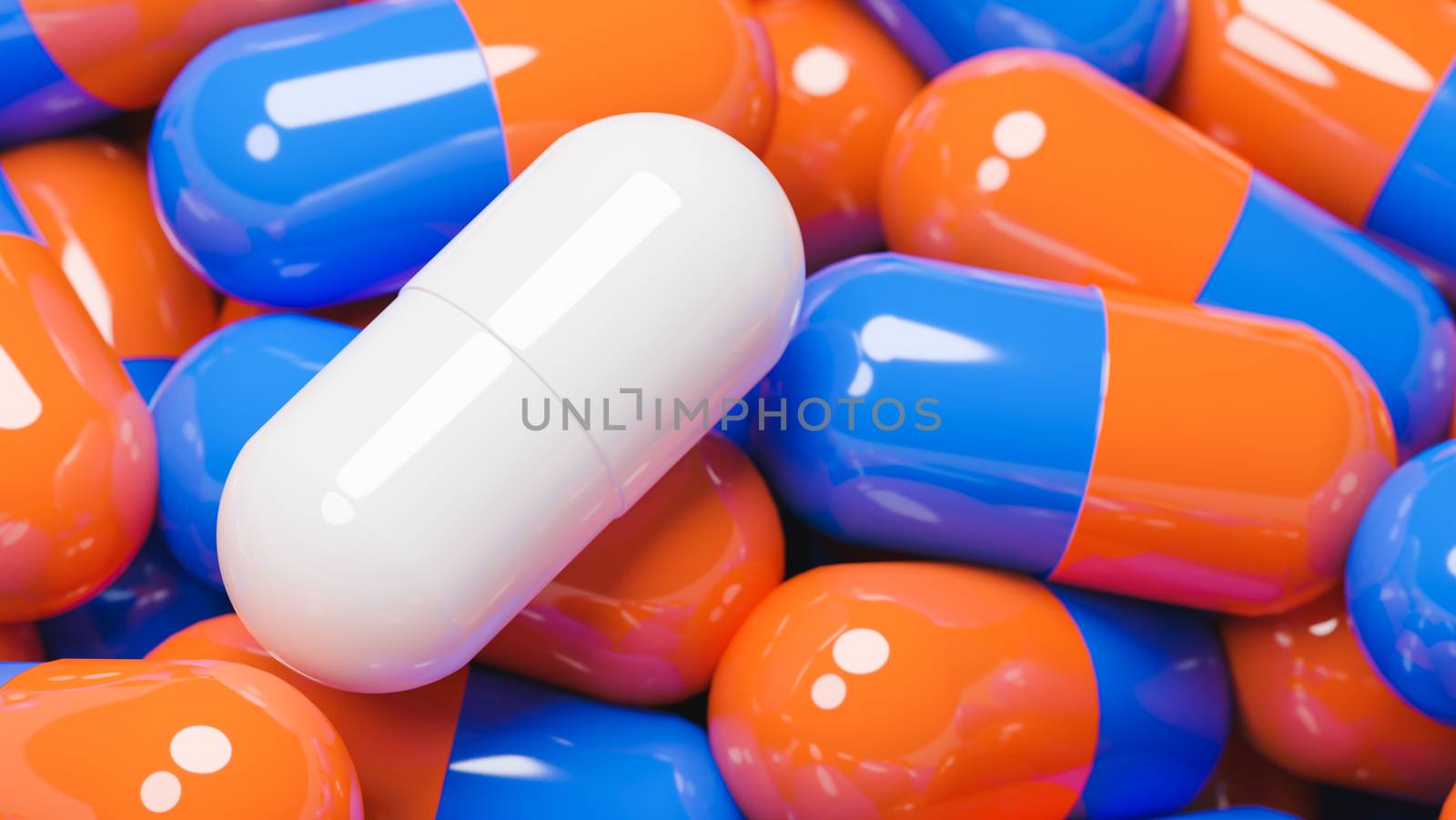 Close up of white pill capsule in many orange and blue pills capsules. Medicine and Specialty Pharmaceuticals concept.,3d model and illustration.