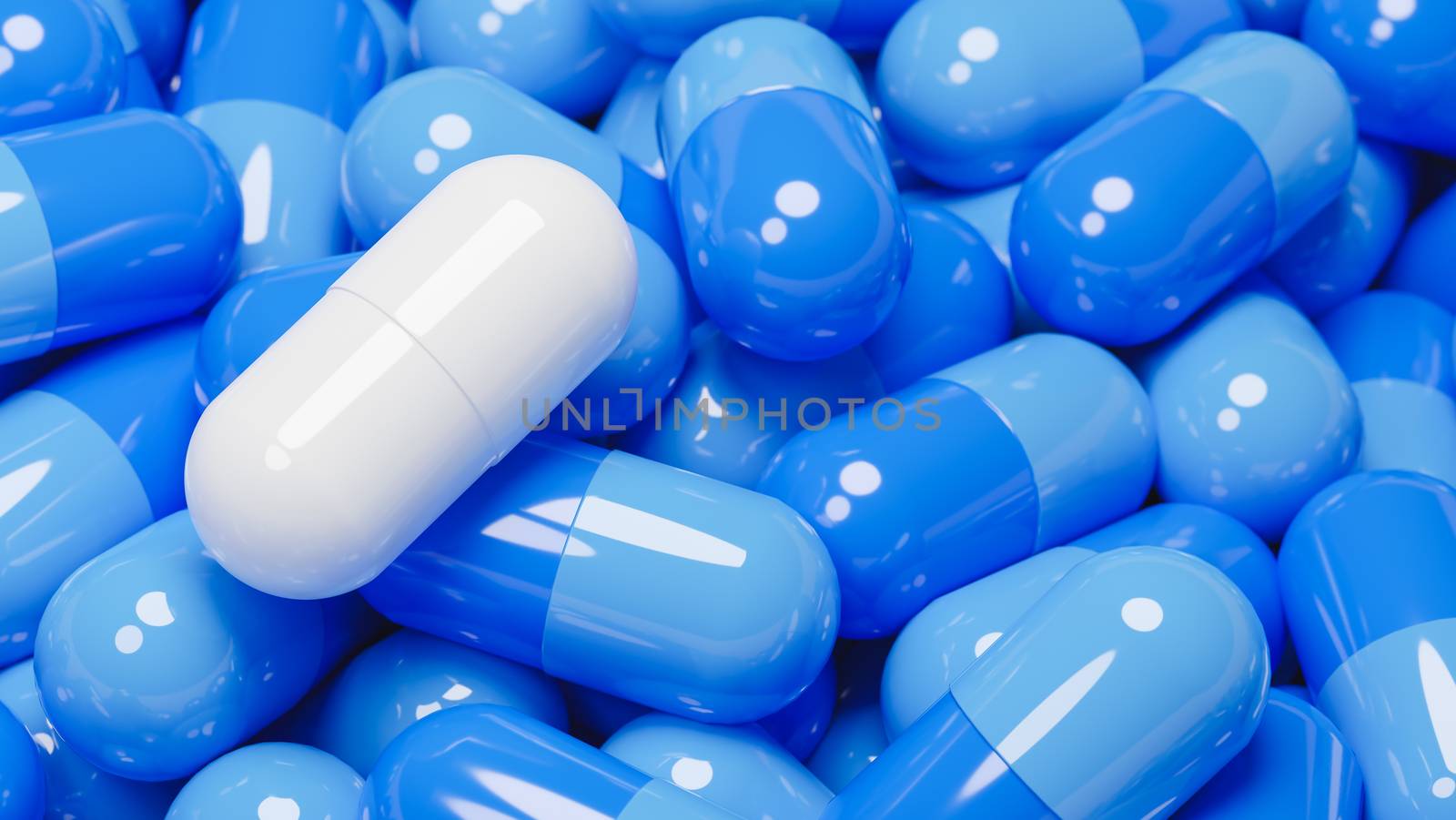 Close up of white pill capsule in many blue pills capsules. Medicine and Specialty Pharmaceuticals concept.,3d model and illustration. by anotestocker