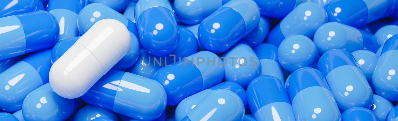 Close up of white pill capsule in many blue pills capsules. Medicine and Specialty Pharmaceuticals concept.,3d model and illustration.