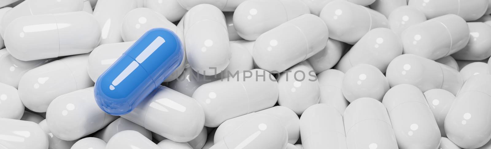 Close up of blue pill capsule in many white pills capsules. Medicine and Specialty Pharmaceuticals concept.,3d model and illustration. by anotestocker