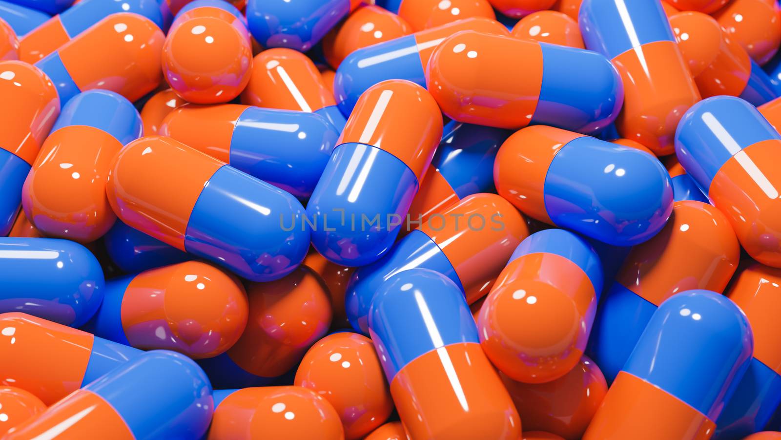 Close up of many orange and blue pills capsules. Medicine and pharmacy concept.,3d model and illustration. by anotestocker
