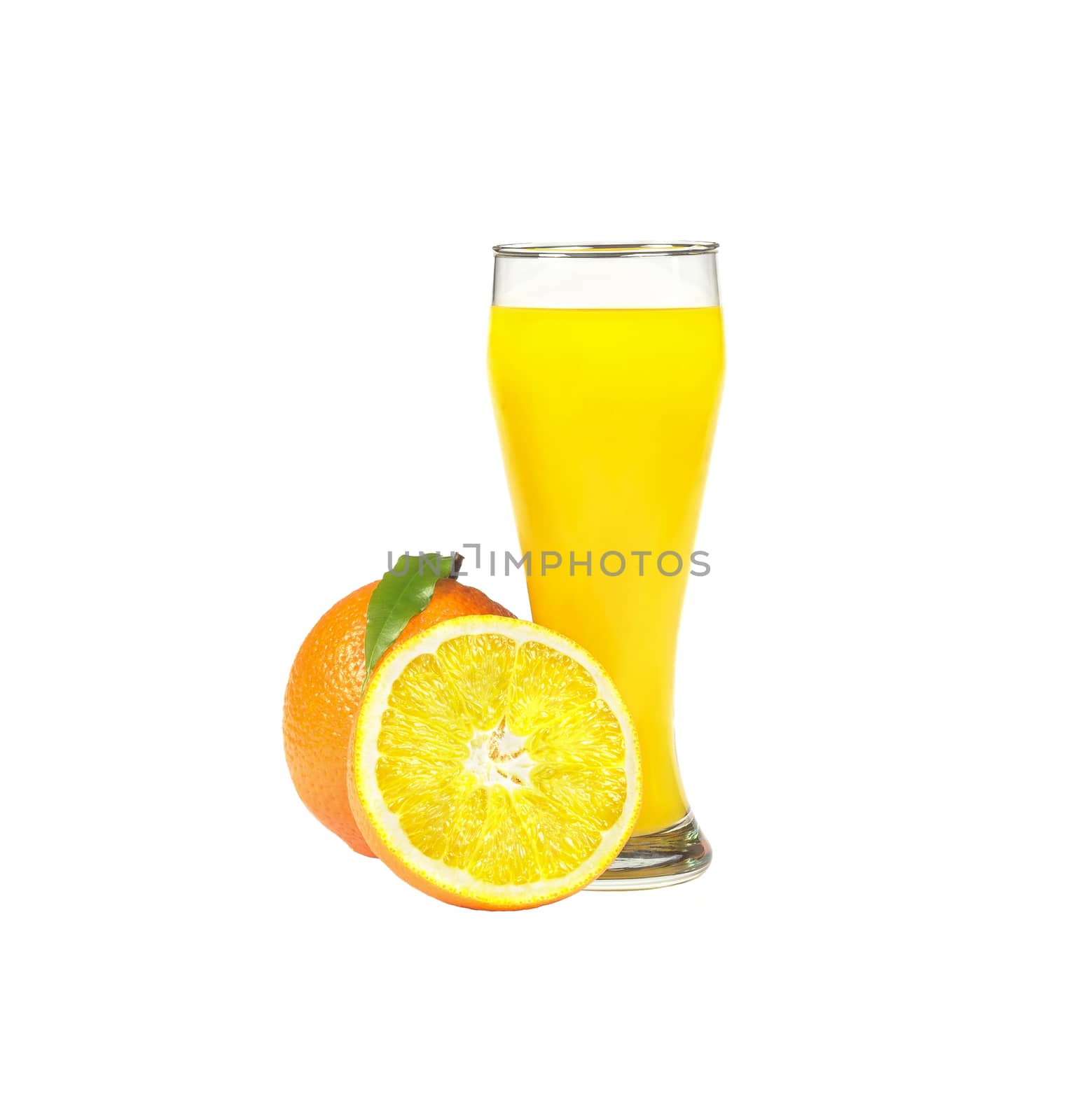 Whole orange, half of an orange and a tall glass of orange juice on white background