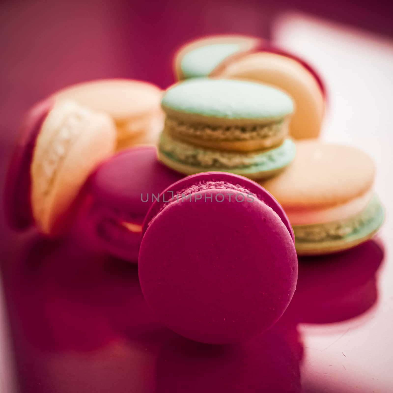 French macaroons on cherry pink background, parisian chic cafe d by Anneleven