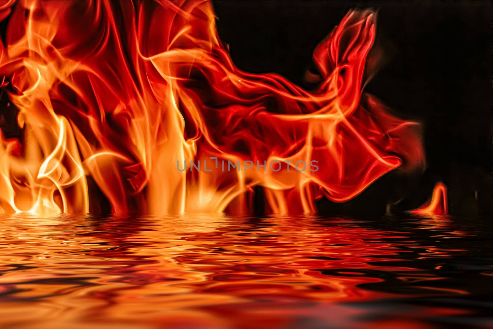 Hot fire flames in water as nature element and abstract backgrou by Anneleven