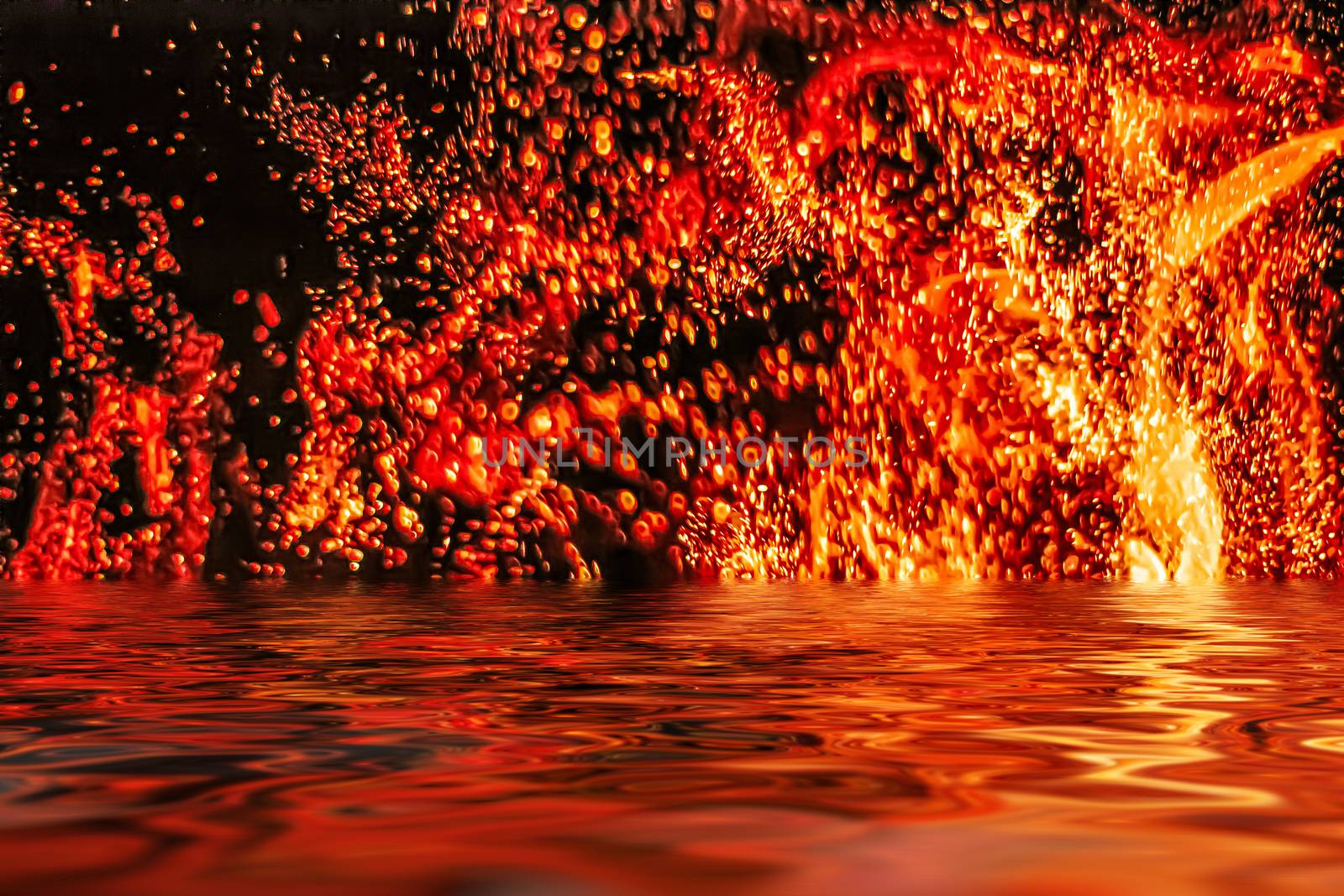 Hot fire flames in water as nature element and abstract backgrou by Anneleven