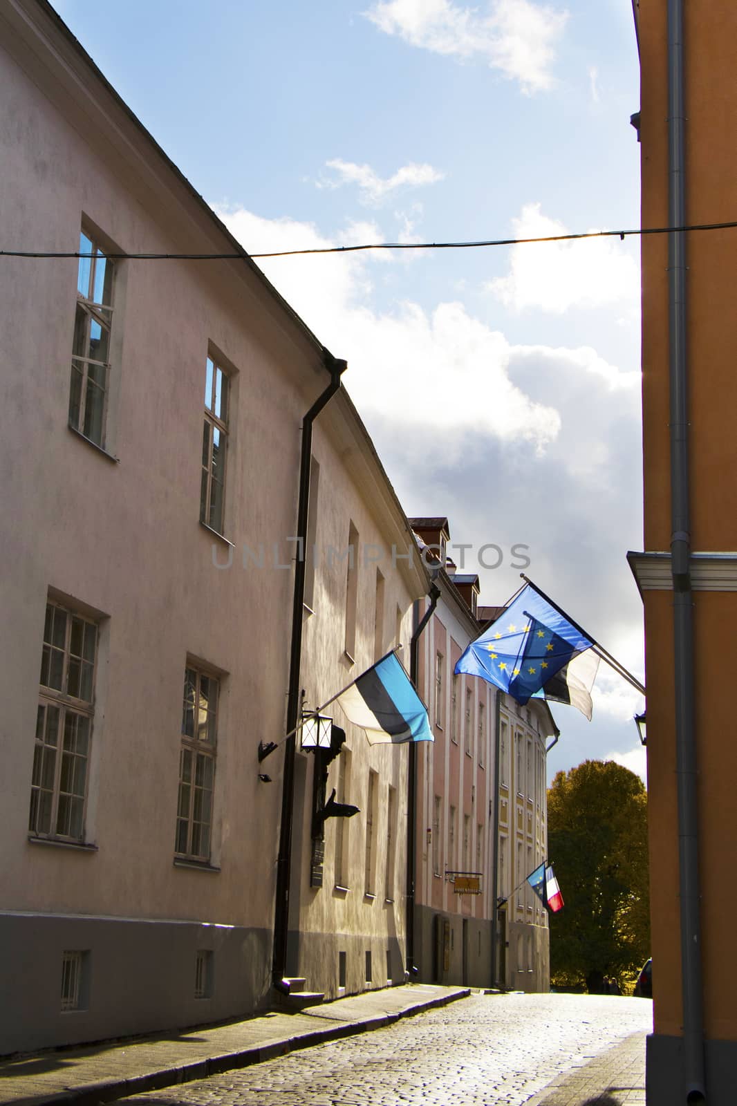 Buildings and architecture exterior view in old town of Tallinn, European union flag. by Taidundua