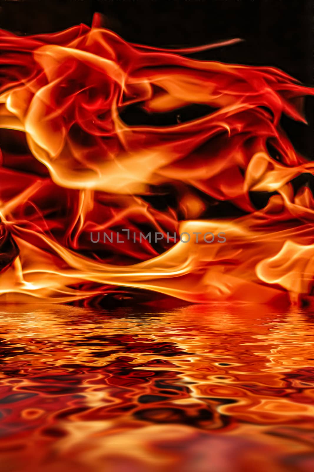 Hot fire flames in water as nature element and abstract background, minimal design