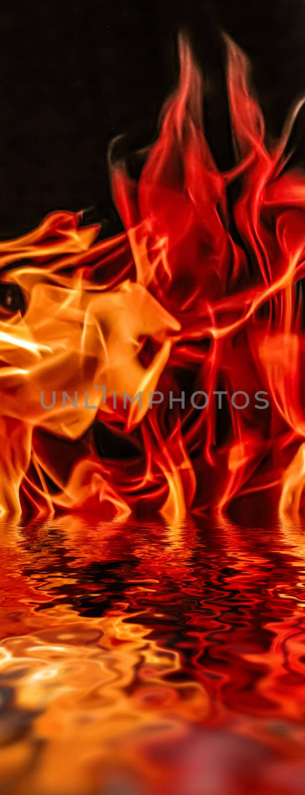 Hot fire flames in water as nature element and abstract background, minimal design