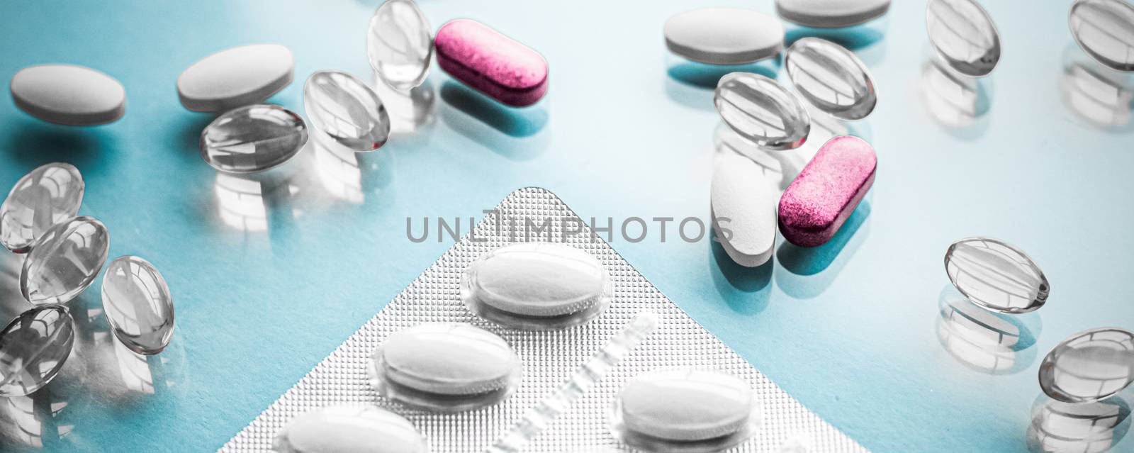 Pharma, branding and lab concept - Pills and capsules for diet nutrition, anti-aging beauty supplements, probiotic drugs, pill vitamins as medicine and healthcare cosmetics, pharmacy brand background