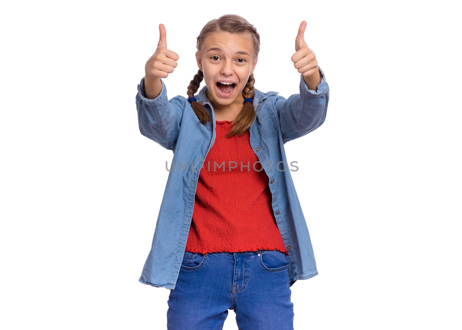 Happy teenage girl pointing up, gesturing idea or doing number one gesture, isolated on white background