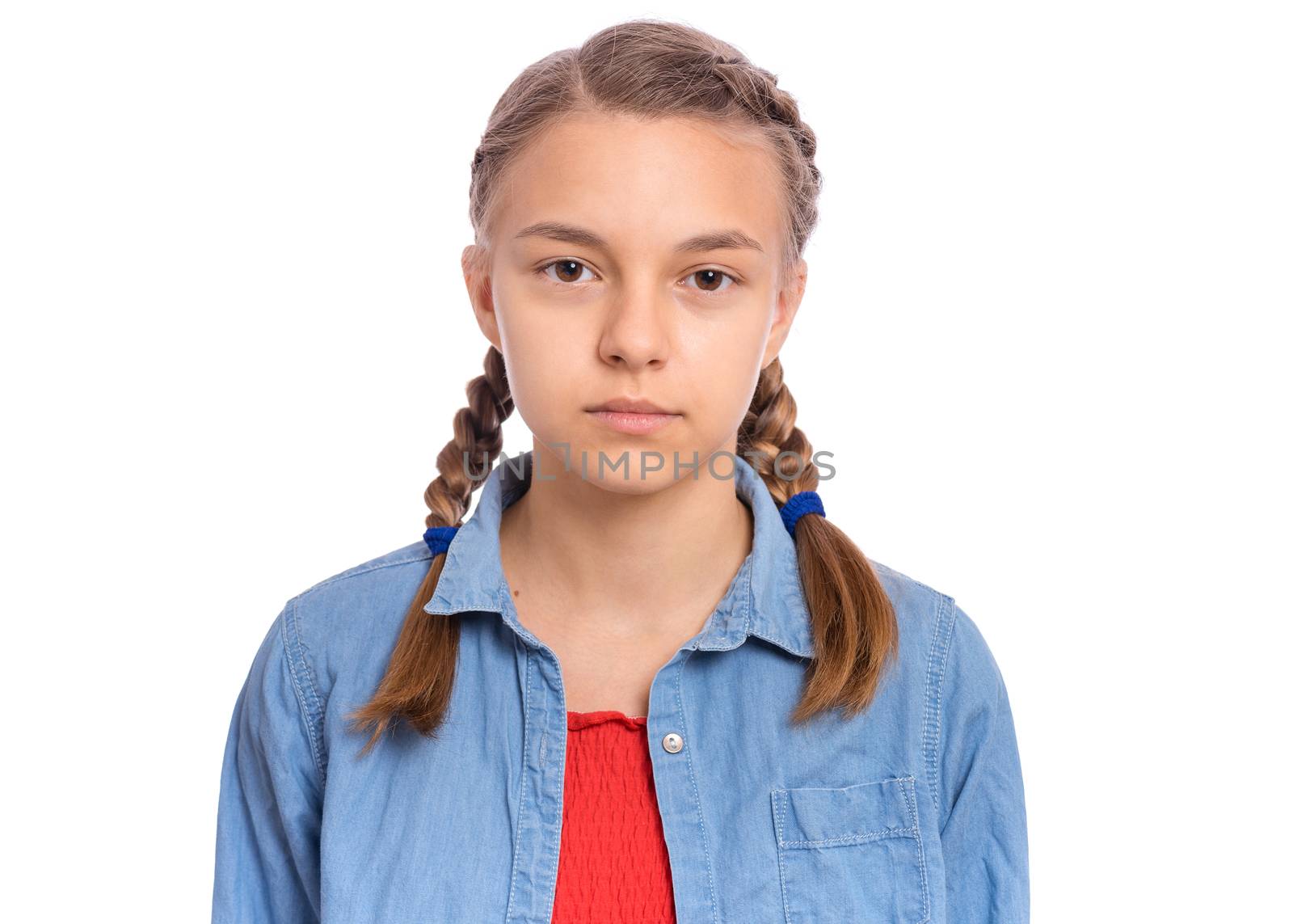 Emotional portrait of scared girl teenager, isolated on white background