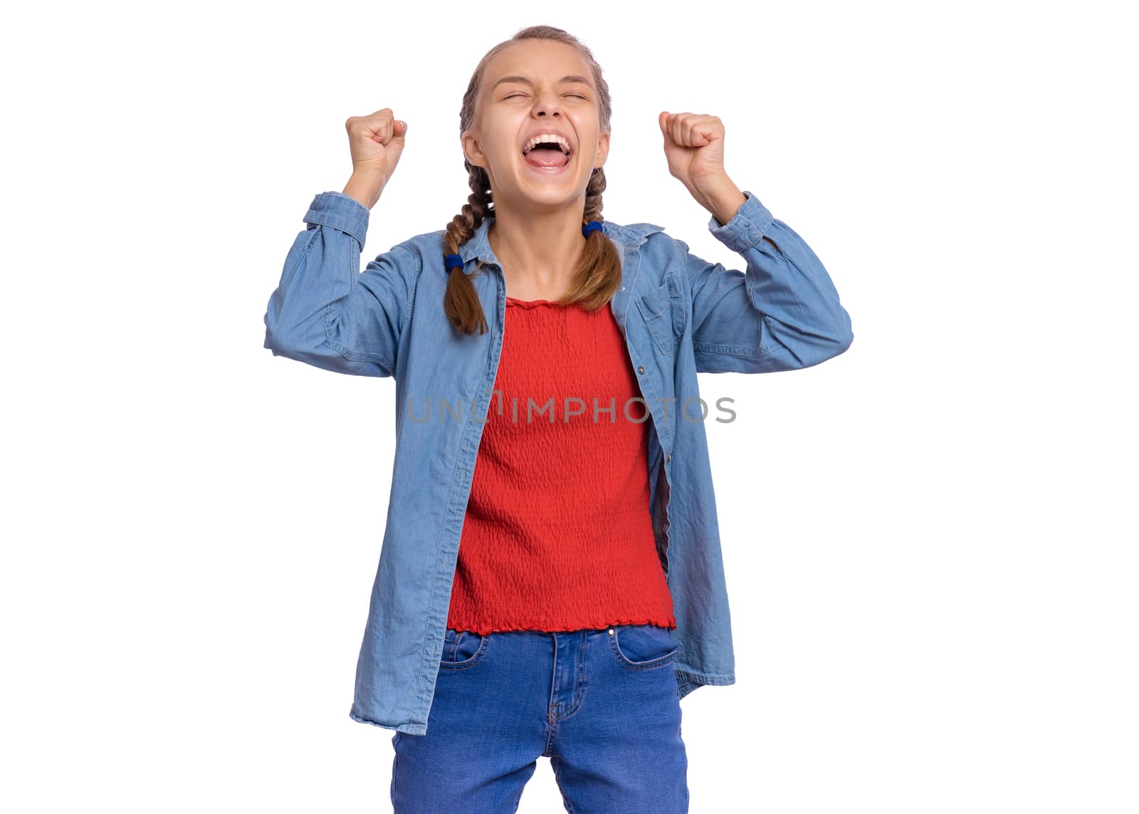 Happy teenage girl laughing looking very happy, isolated on white background