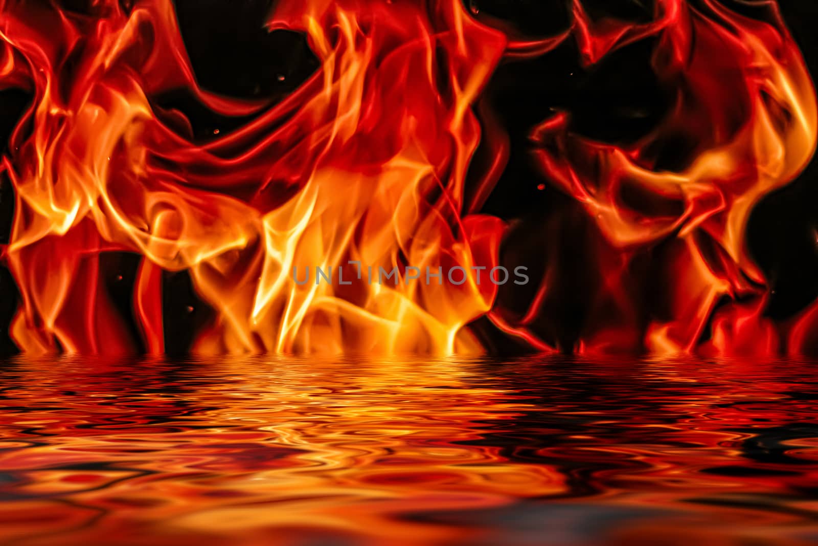 Hot fire flames in water as nature element and abstract background, minimal design