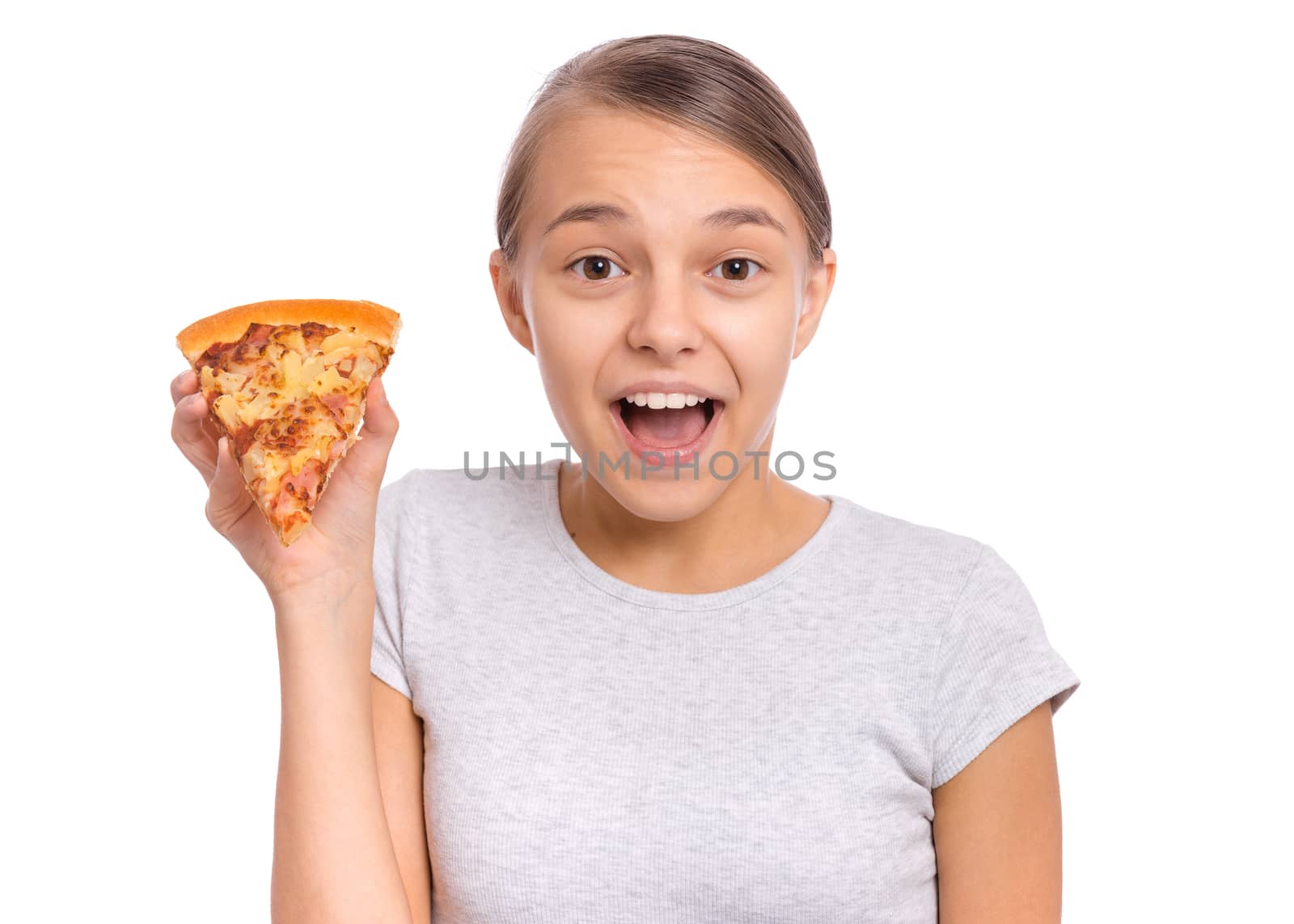 Happy beautiful young teen girl holds slice of pizza, isolated on white background