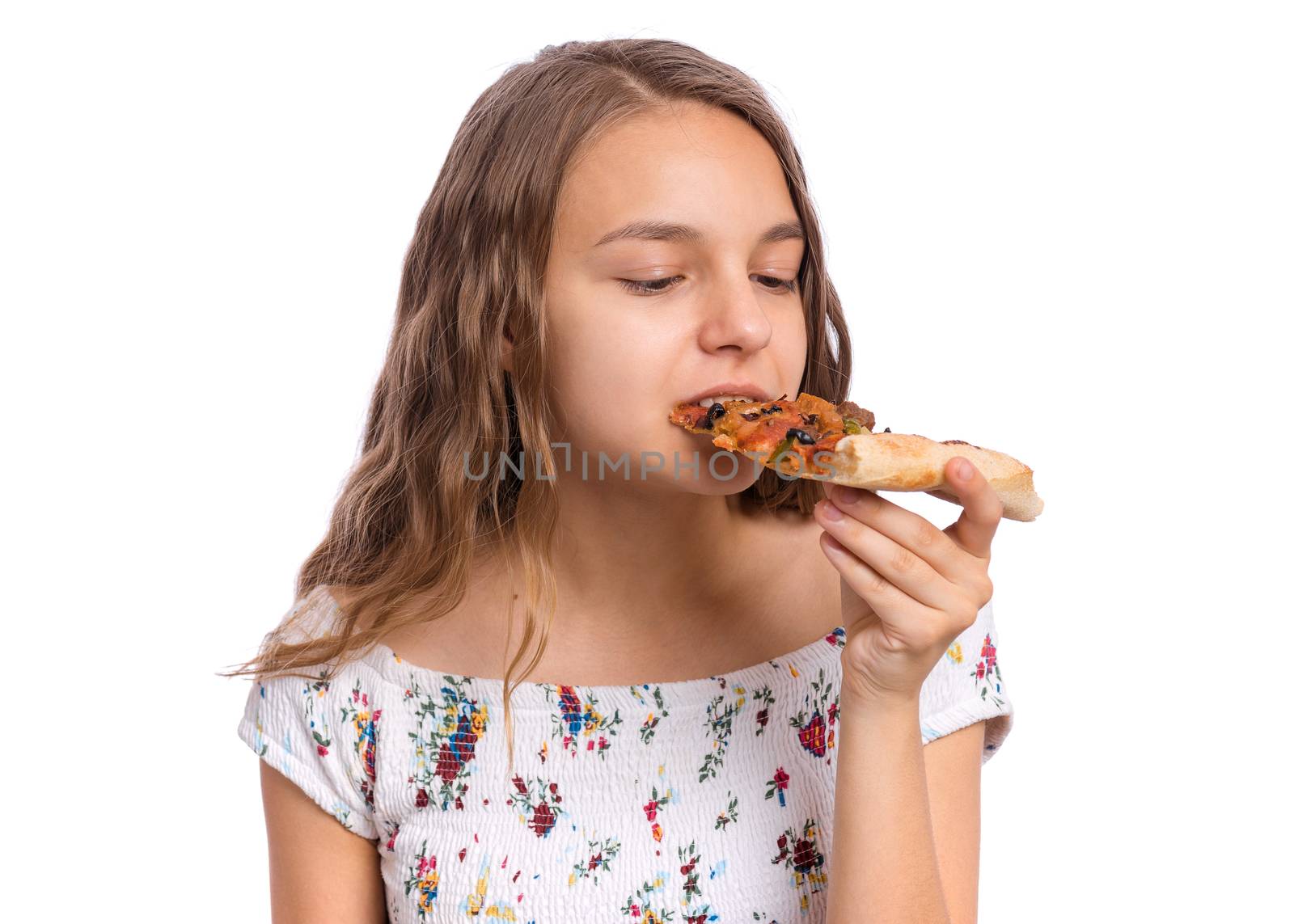 Happy beautiful young teen girl holds slice of pizza, isolated on white background