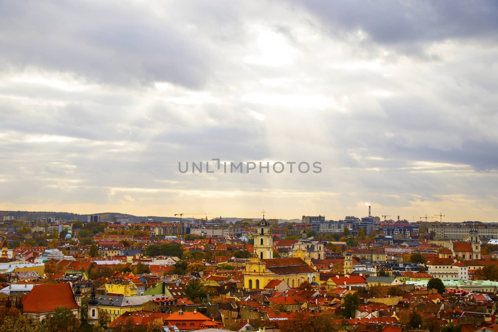 Vilnius city view, Lithuania. Old town and city center. Urban scene. Old famous buildings, architecture, house and church view. colorful panorama. Vilnius, lithuania.