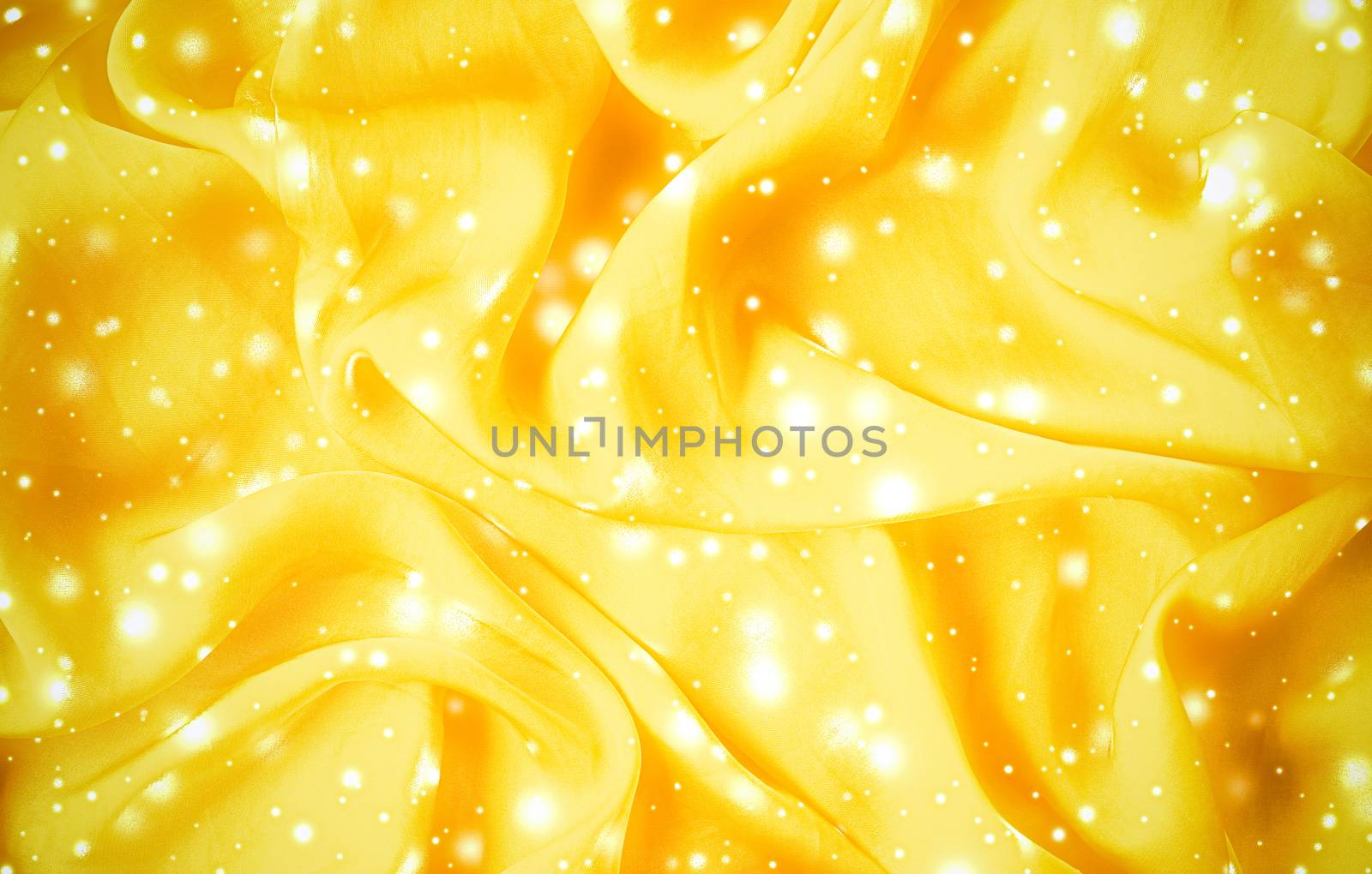 Winter fashion, shiny fabric and glamour style concept - Magic holiday golden soft silk flatlay background texture with glowing snow, luxury beauty abstract backdrop