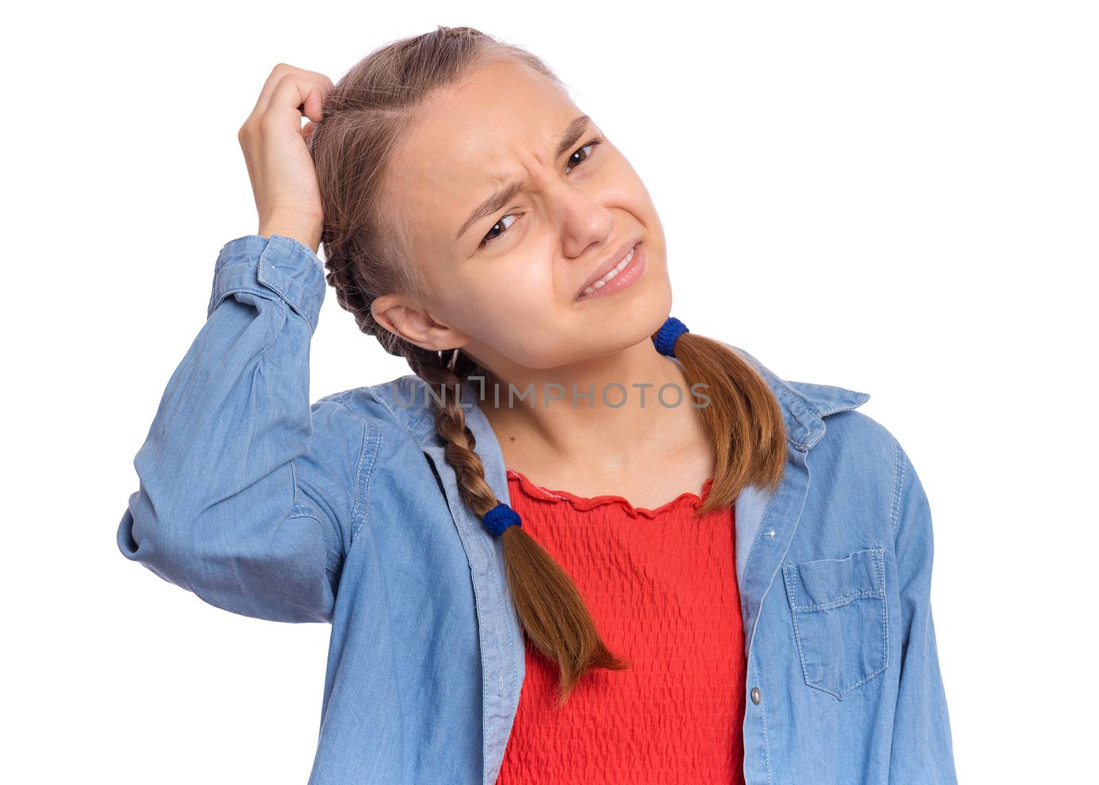 Emotional portrait of scared girl teenager looking with negative expression and disapproval, isolated on white background