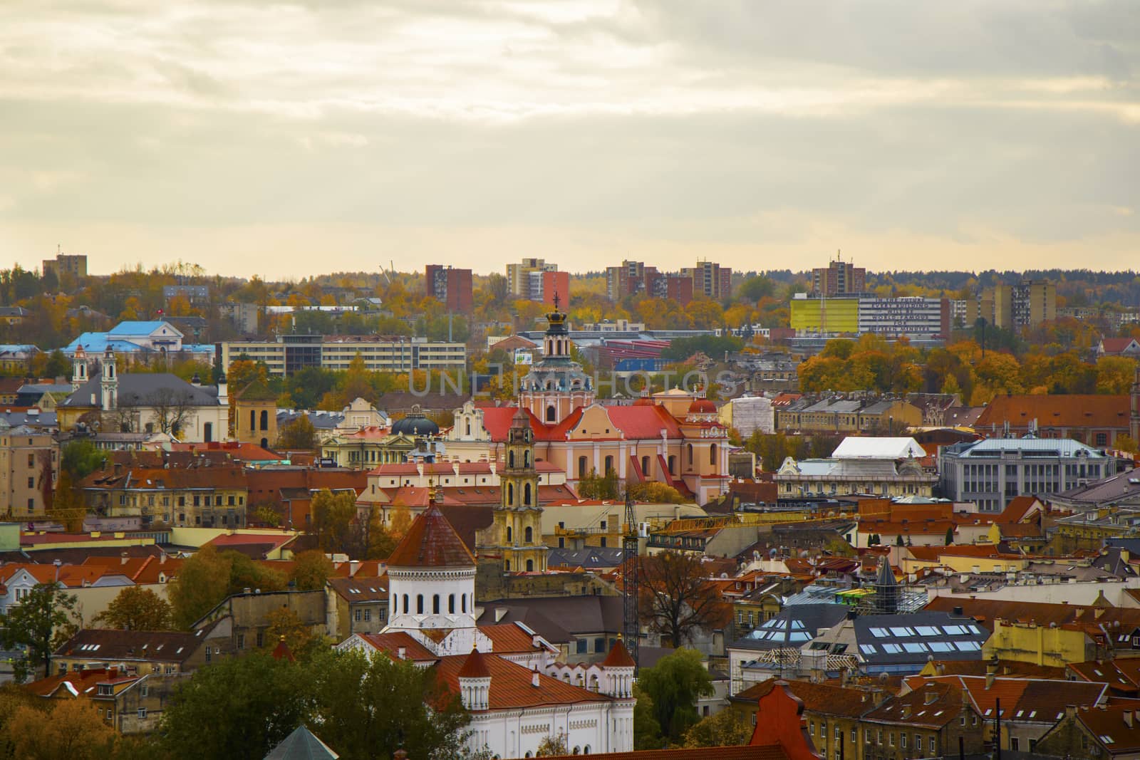 Vilnius city view, Lithuania. Old town and city center. Urban scene. Old famous buildings, architecture, house and church view. by Taidundua