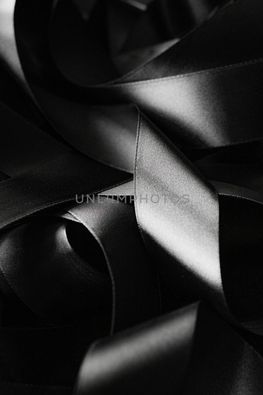 Black and white silk ribbon as background, abstract and luxury brand designs