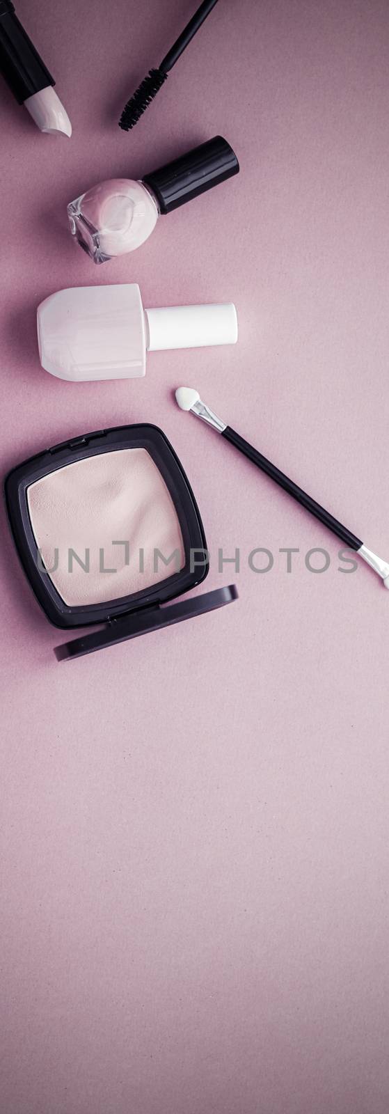 Cosmetic branding, fashion blog cover and girly glamour concept - Make-up and cosmetics product set for beauty brand Christmas sale promotion, luxury purple flatlay background as holiday design