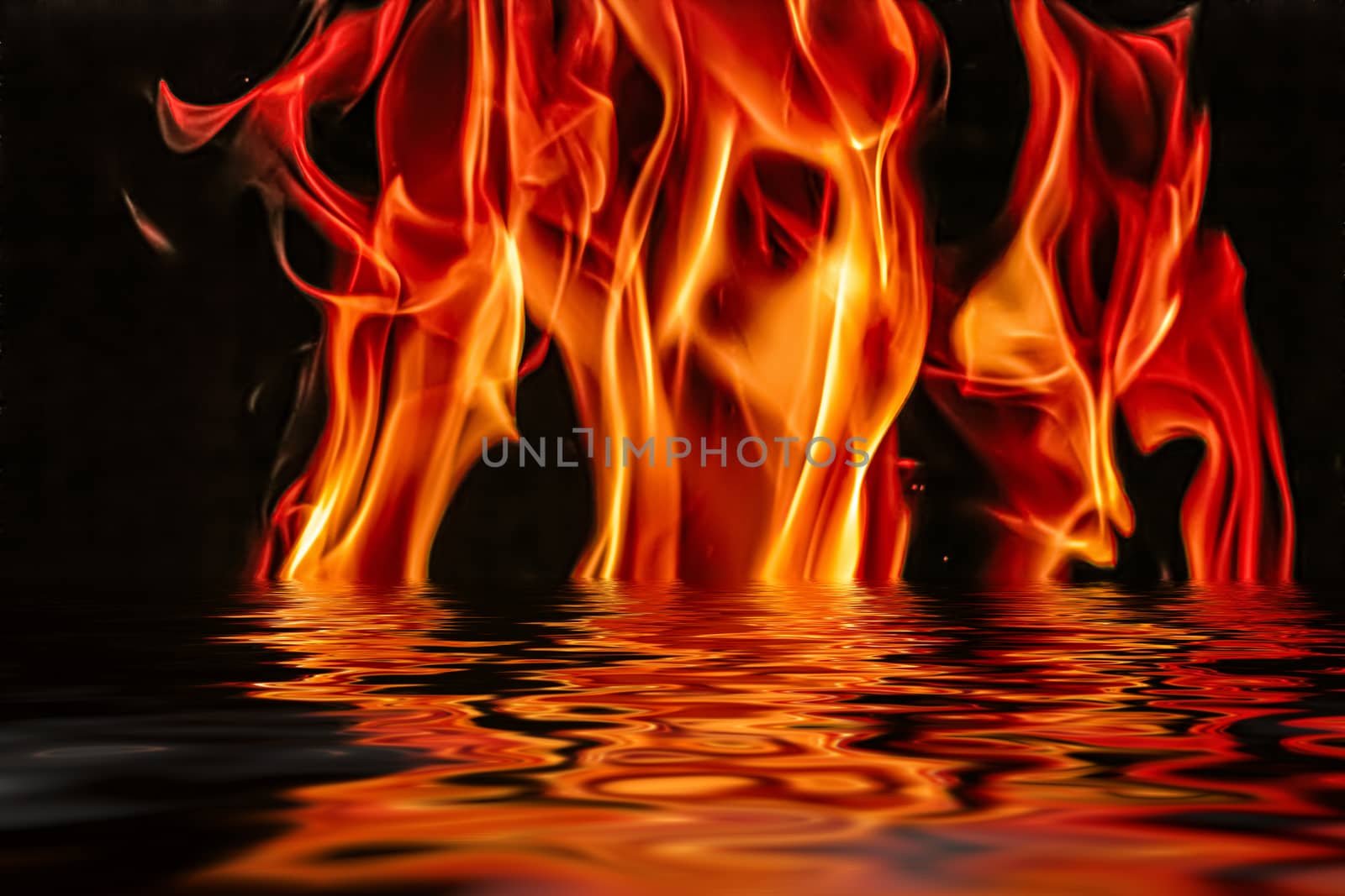 Hot fire flames in water as nature element and abstract background, minimal design