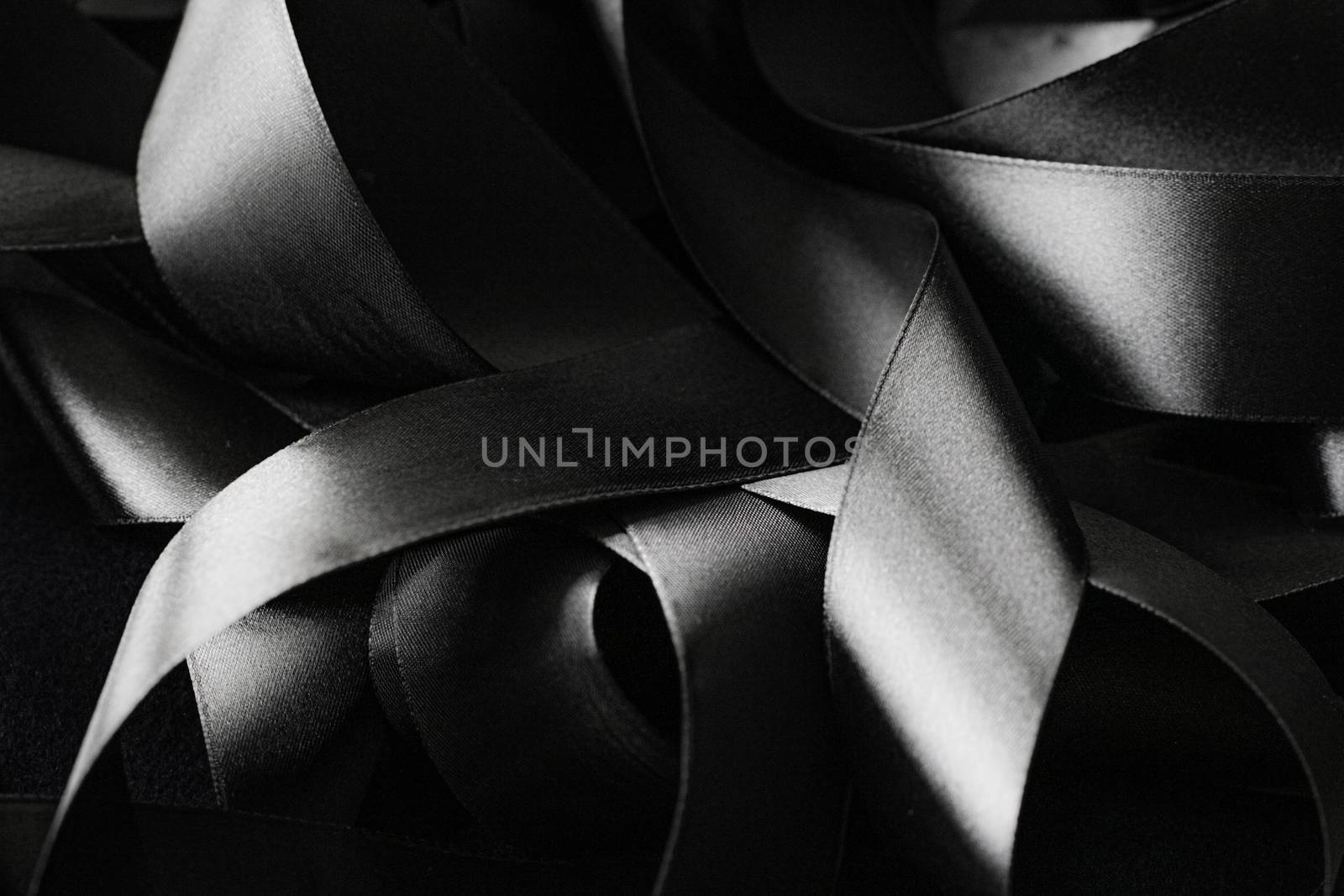 Black and white silk ribbon as background, abstract and luxury brand designs