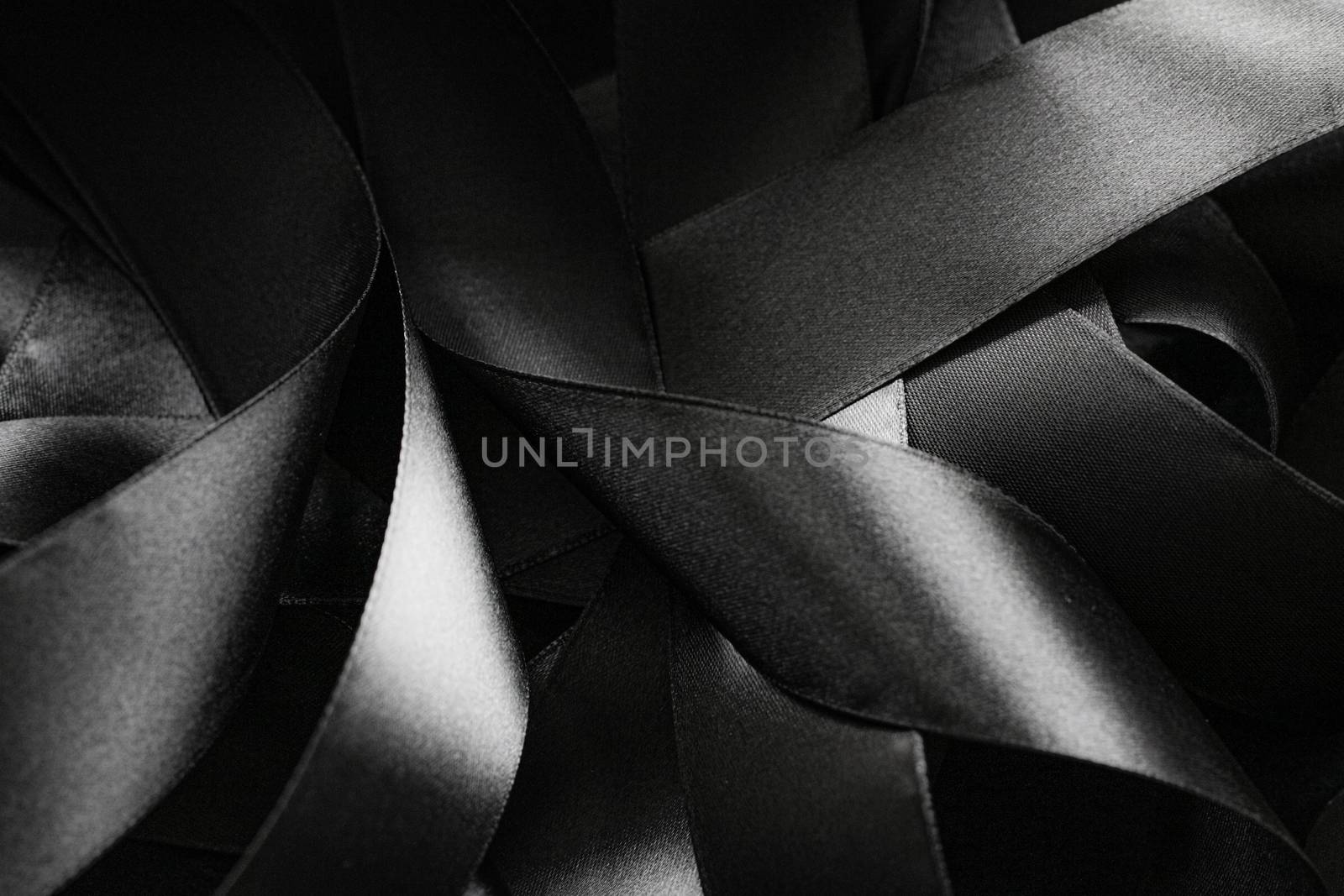 Black and white silk ribbon as background, abstract and luxury brand designs