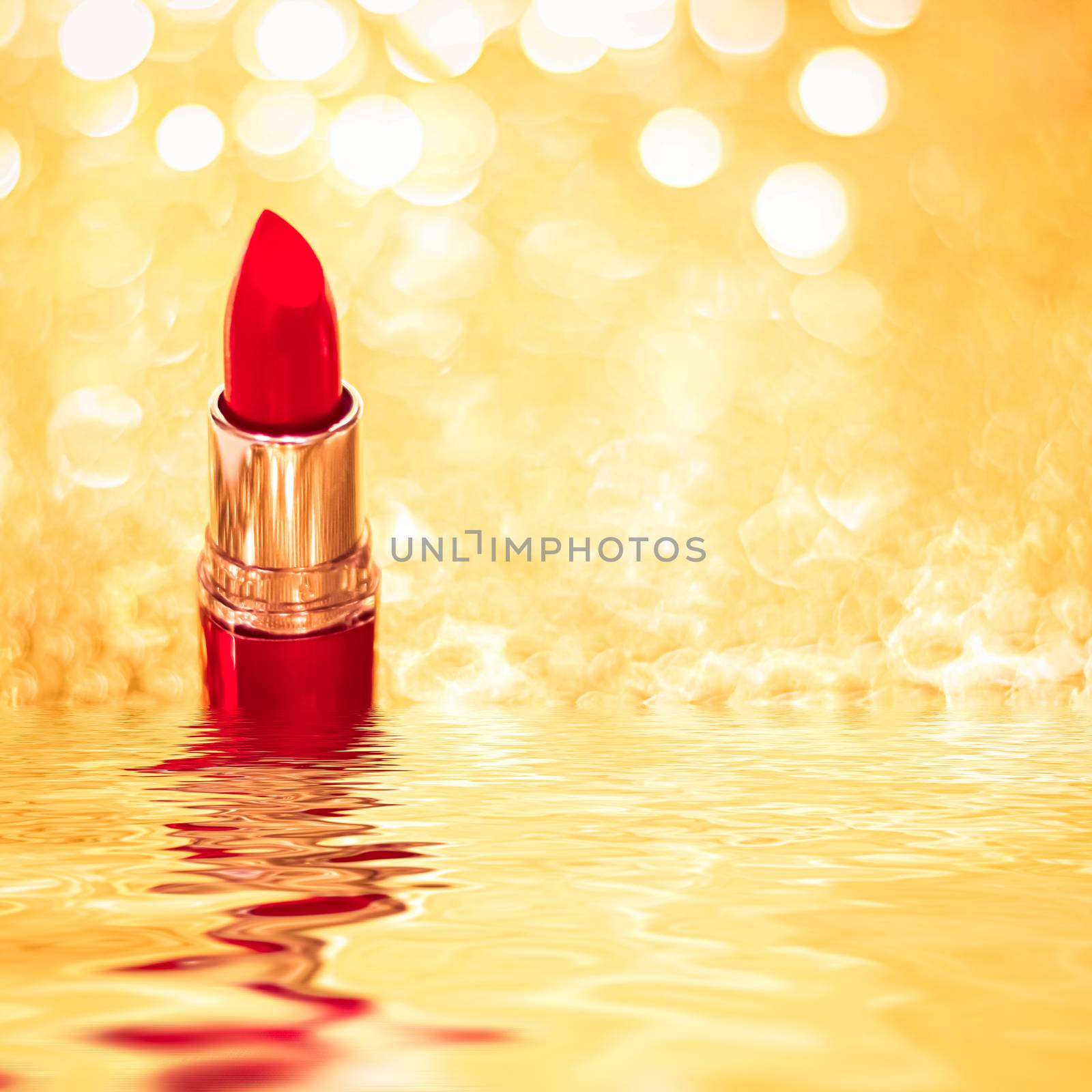 Red lipstick on golden background, make-up and cosmetic product by Anneleven