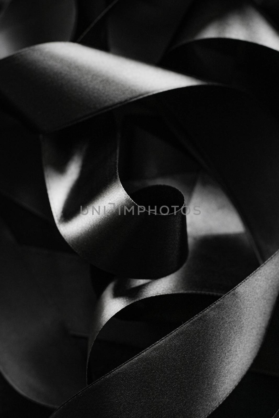 Black and white silk ribbon as background, abstract and luxury brand designs