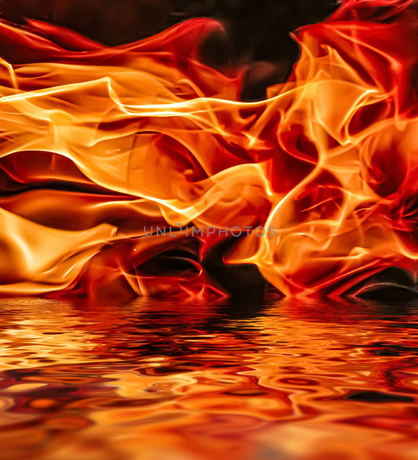 Hot fire flames in water as nature element and abstract background, minimal design
