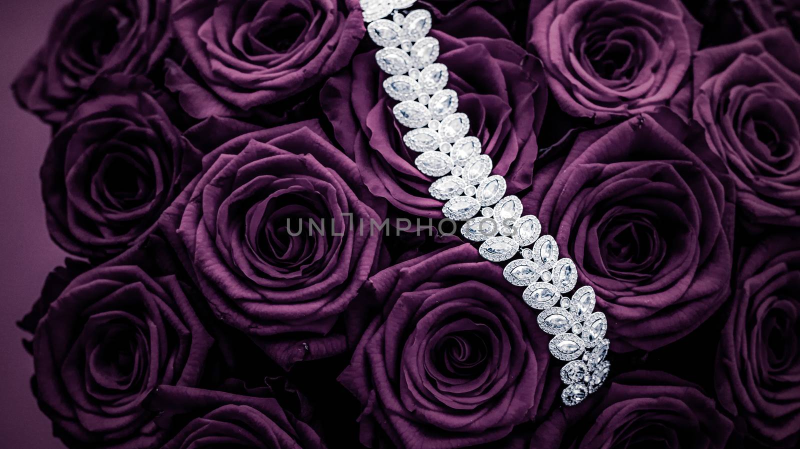 Luxe branding, glamour fashion and boutique shopping concept - Luxury diamond jewelry bracelet and purple roses flowers, love gift on Valentines Day and jewellery brand holiday background design