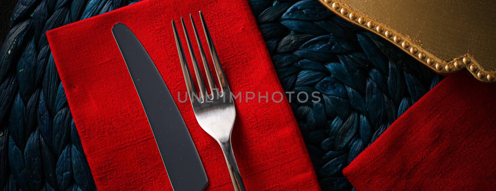 Table scape, menu and interior concept - Holiday table setting with red napkin and silver cutlery, food styling props, vintage set for wedding, event, date, party or luxury home decor brand design