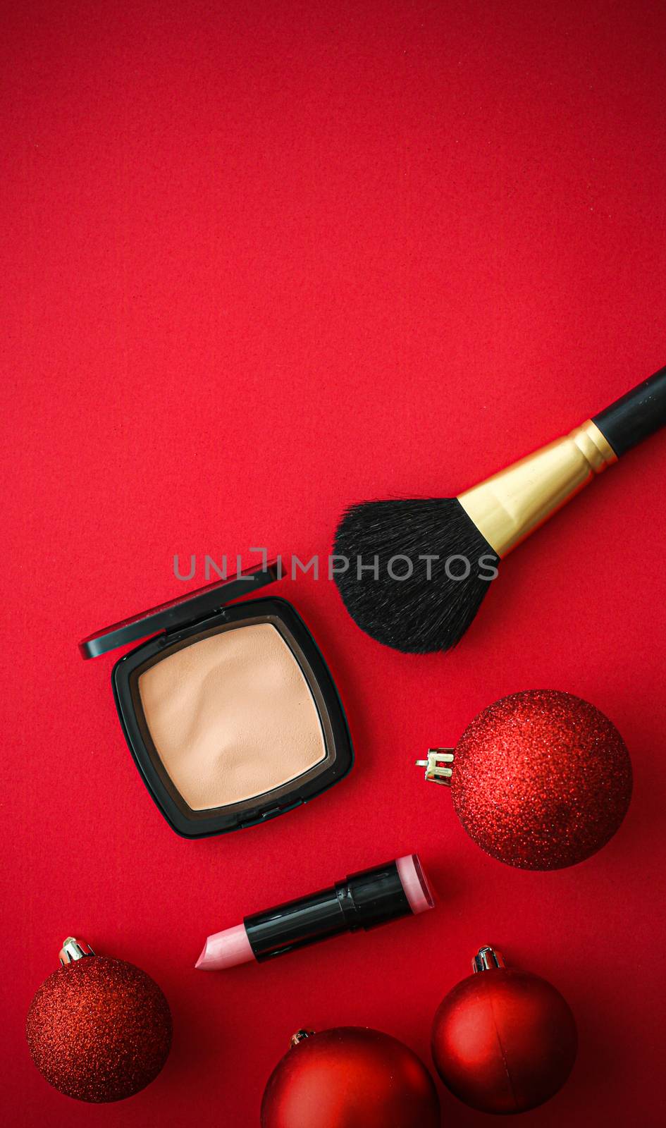 Cosmetic branding, fashion blog cover and girly glamour concept - Make-up and cosmetics product set for beauty brand Christmas sale promotion, luxury red flatlay background as holiday design