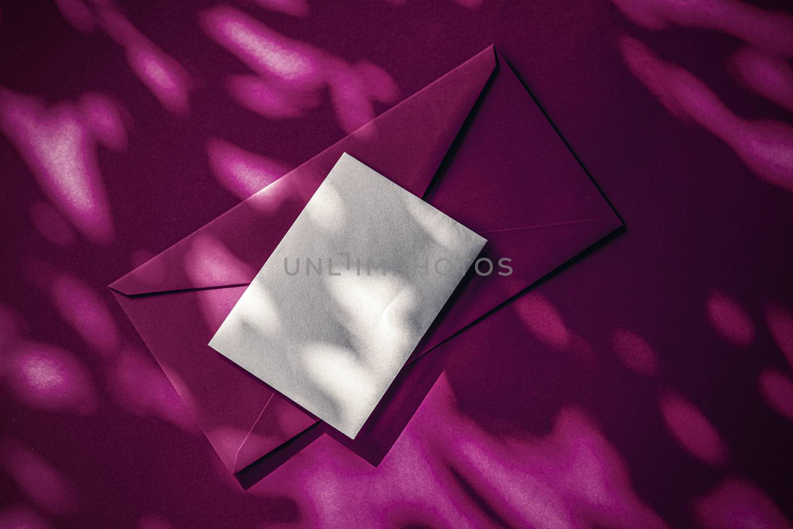 Holiday marketing, business kit and email newsletter concept - Beauty brand identity as flatlay mockup design, business card and letter for online luxury branding on purple shadow background