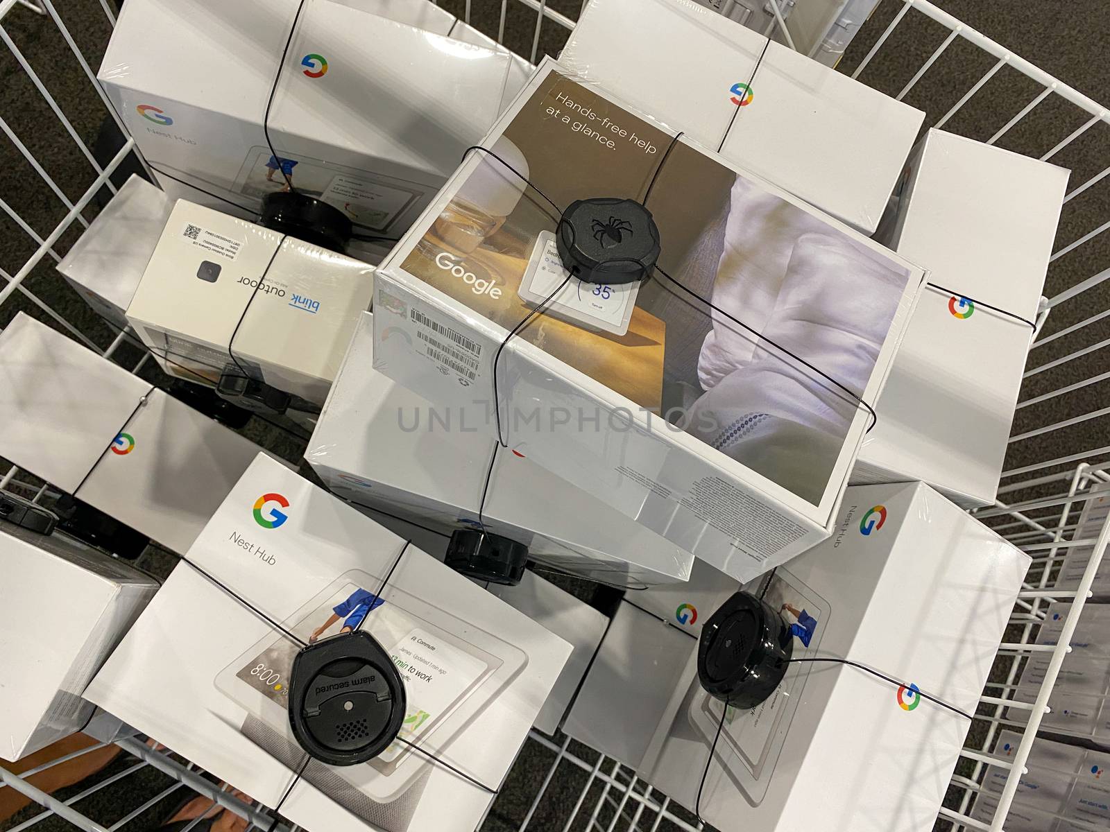 A bin of Google Nest Hub Home devices display at Best Buy in Orl by Jshanebutt