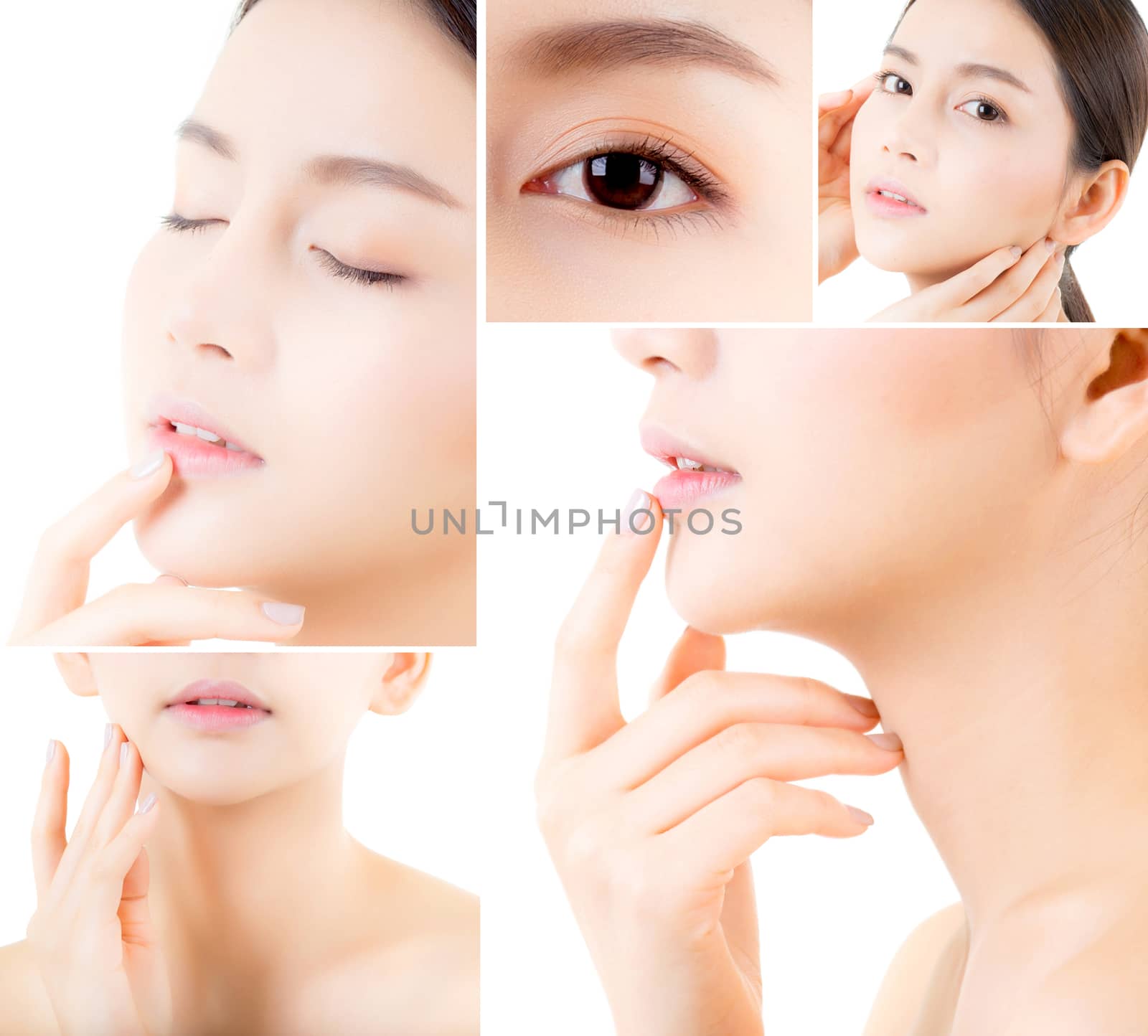 Collage of several photos for beautiful asian woman makeup of cosmetic, girl hand touch cheek, face of beauty perfect with wellness isolated on white background with skin healthcare concept.