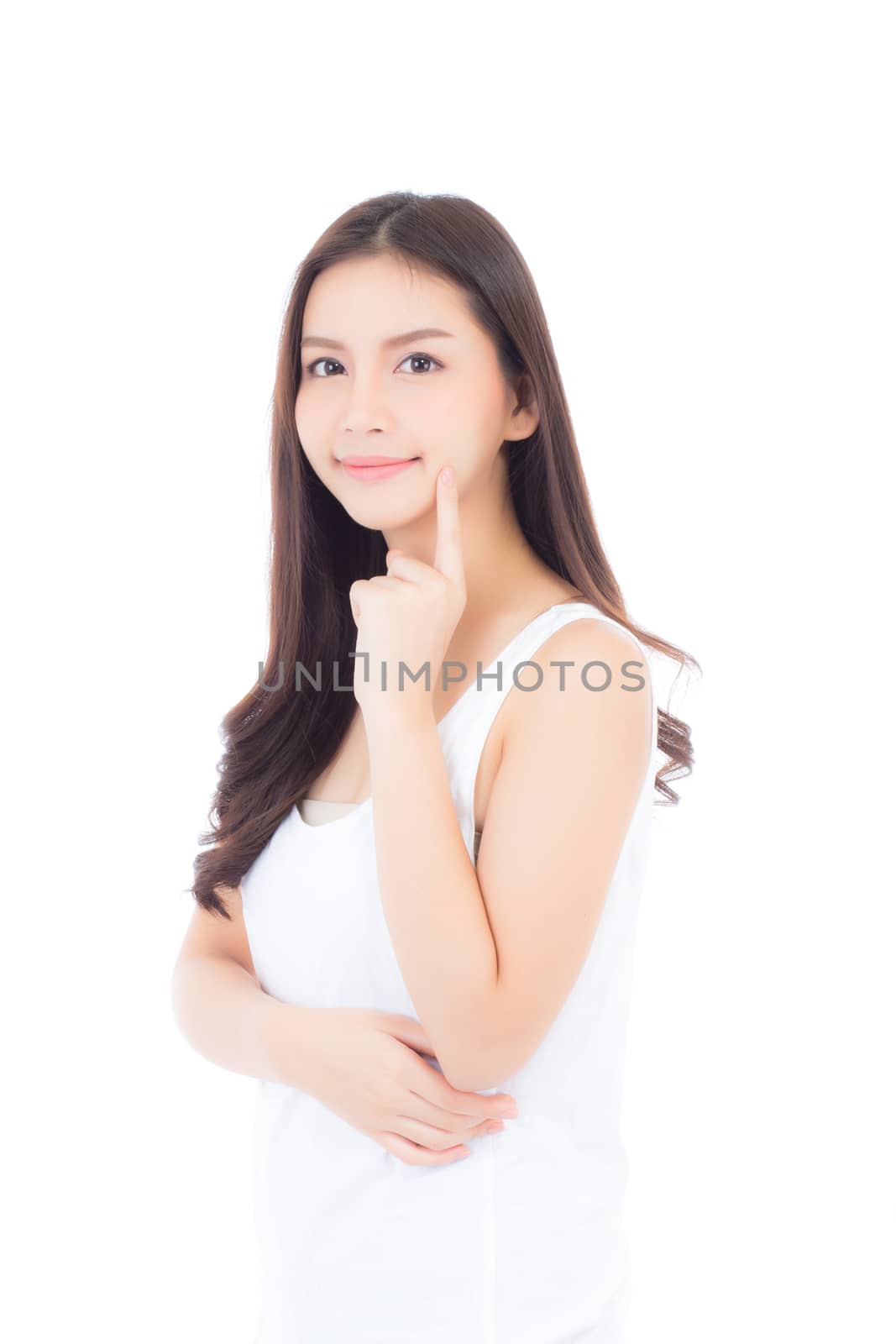 Portrait of beautiful asian woman makeup of cosmetic, girl hand touch cheek and smile attractive, face of beauty perfect with wellness isolated on white background with skin healthcare concept.