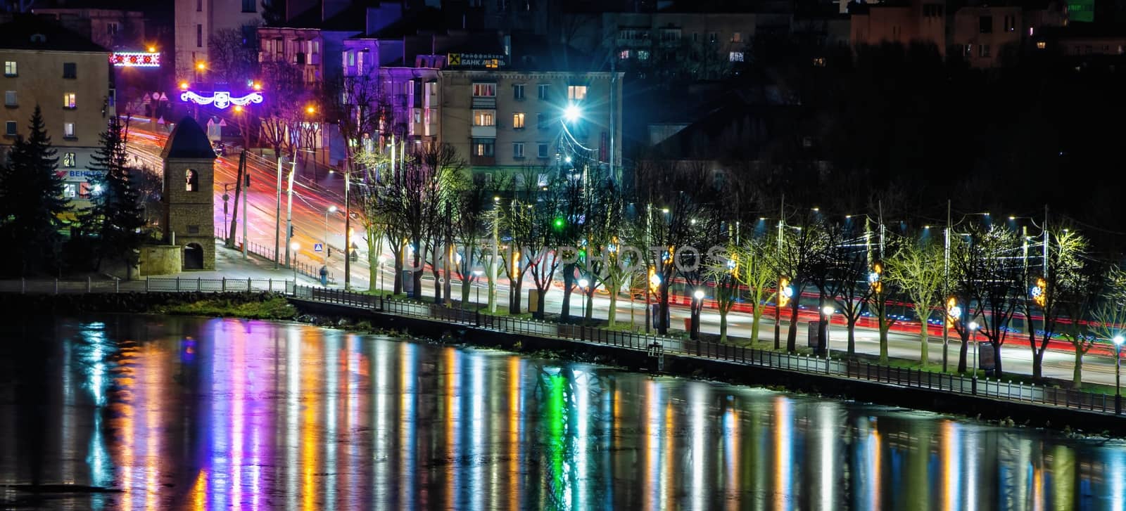 Ternopil, Ukraine 01.05.2020. Panoramic view of Ternopil pond and castle in Ternopol, Ukraine, on a winter night