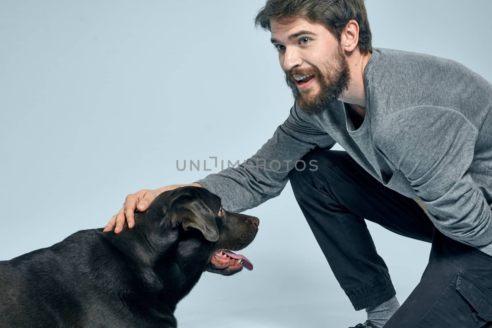 The man trains the dog indoors and gestures with his hands to execute the model's commands. High quality photo