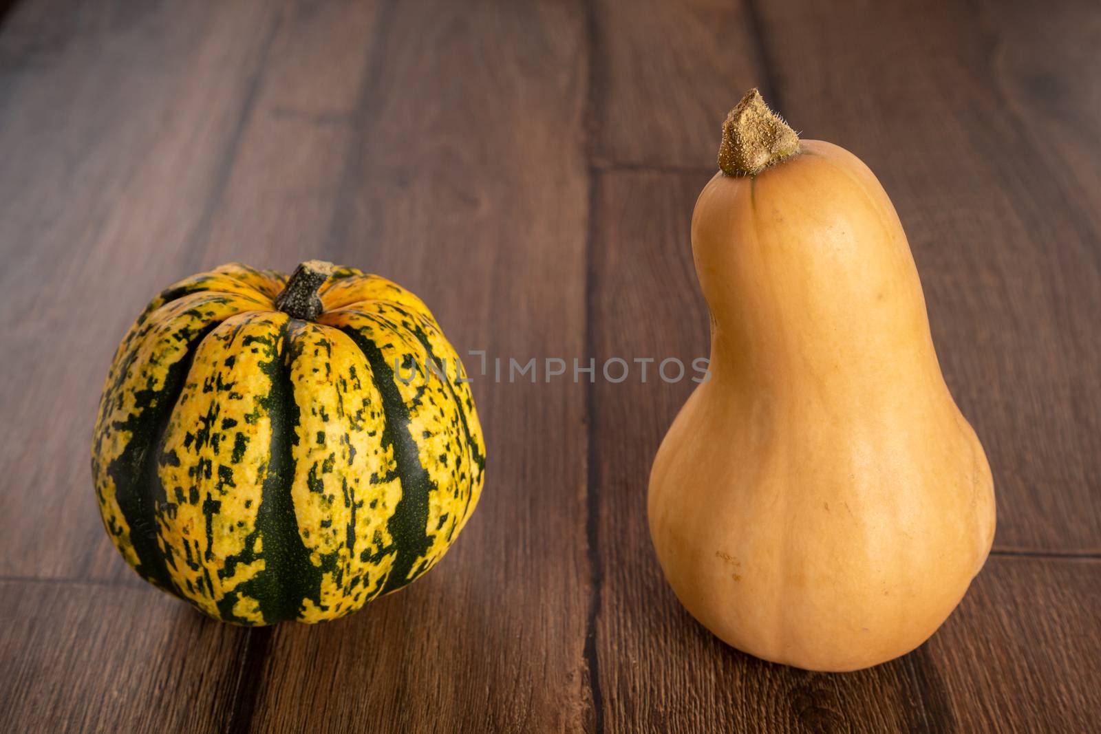 Colored beautiful pumpkin lies on a wooden background.