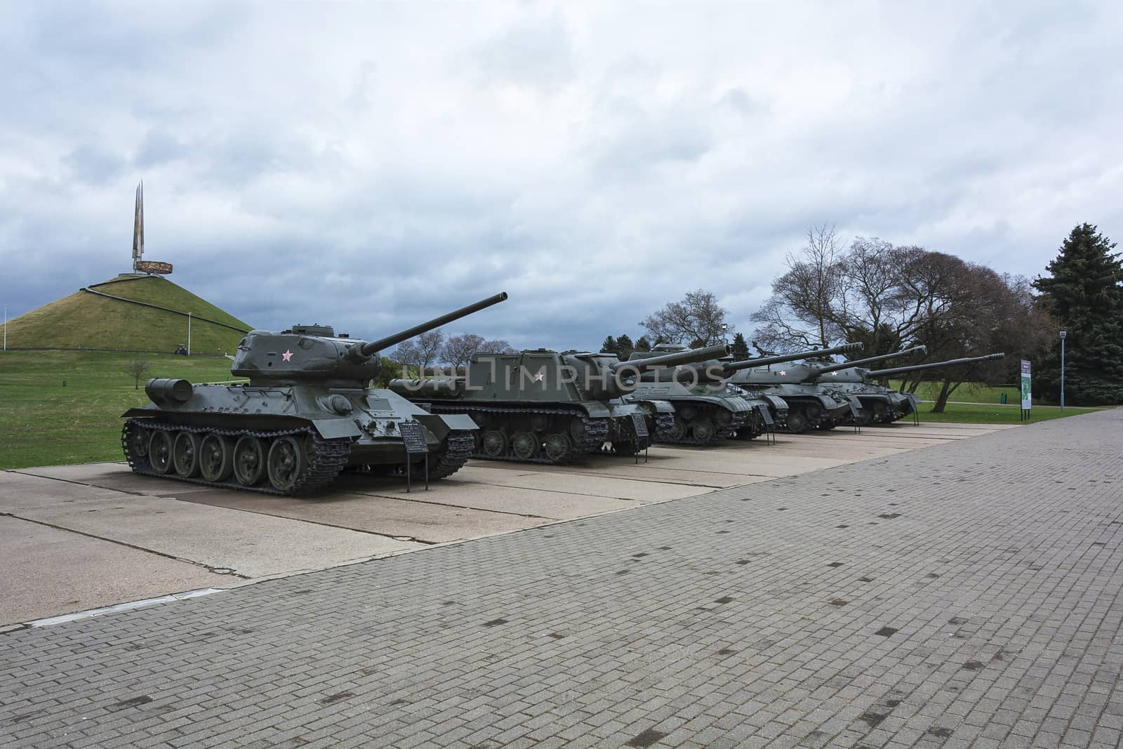 Belarus, Minsk - April 19, 2018: Soviet military equipment of the memorial complex Kurgan Slavy.