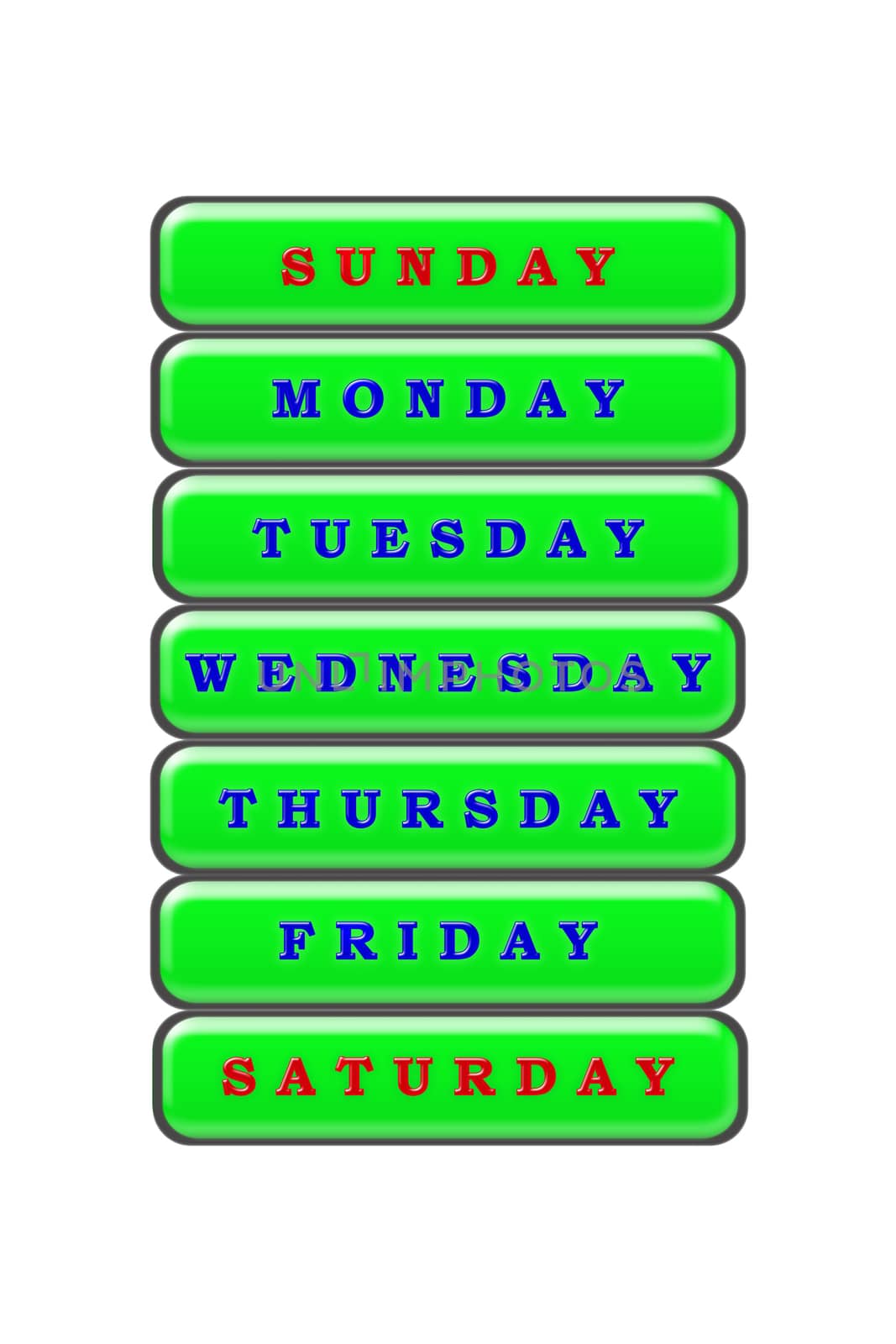 Among the list of days of the week on a green background, Sunday and Saturday are highlighted in red the rest of the days are highlighted in blue.