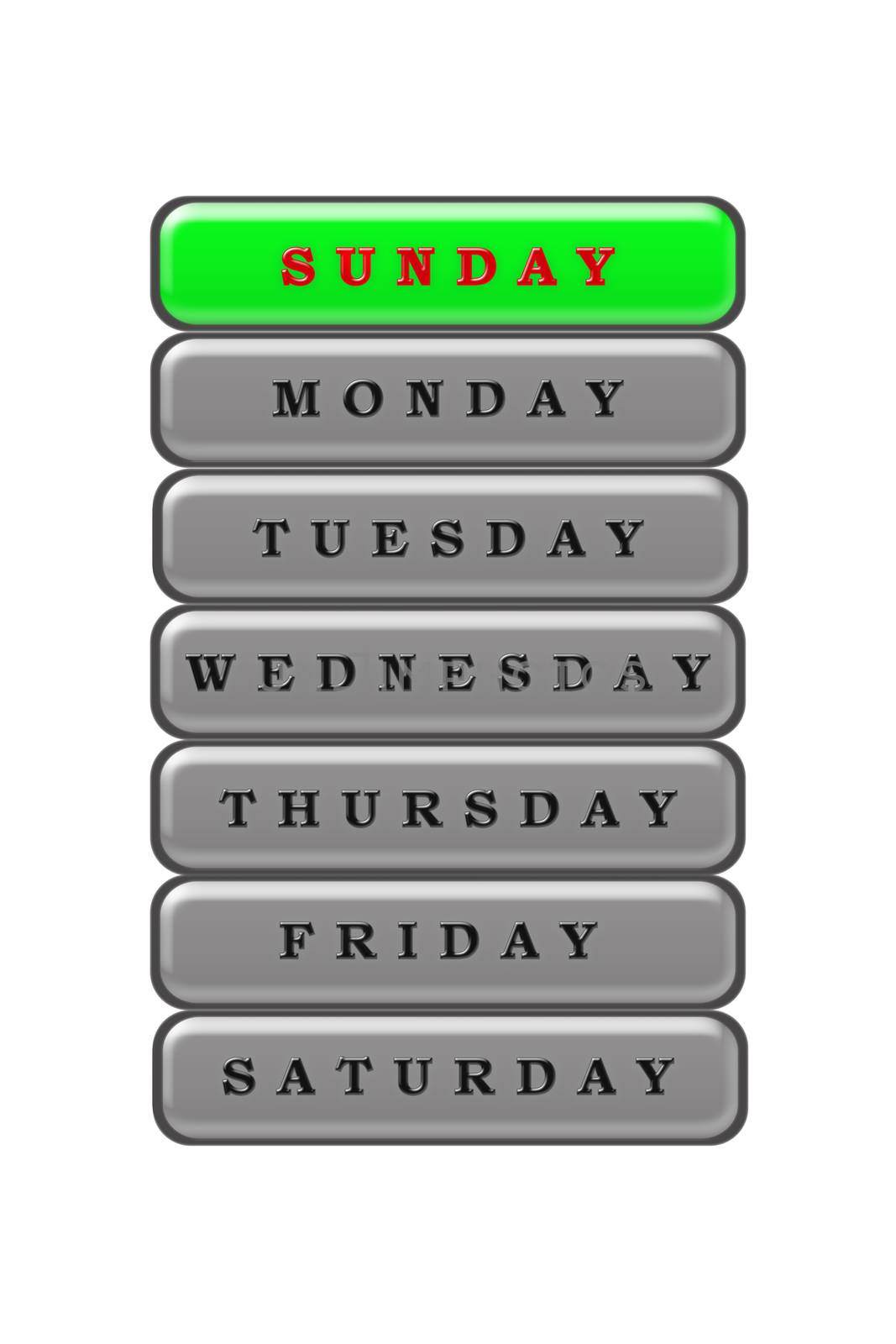 Among the list of days of the week, Sunday is highlighted in red on a green background.