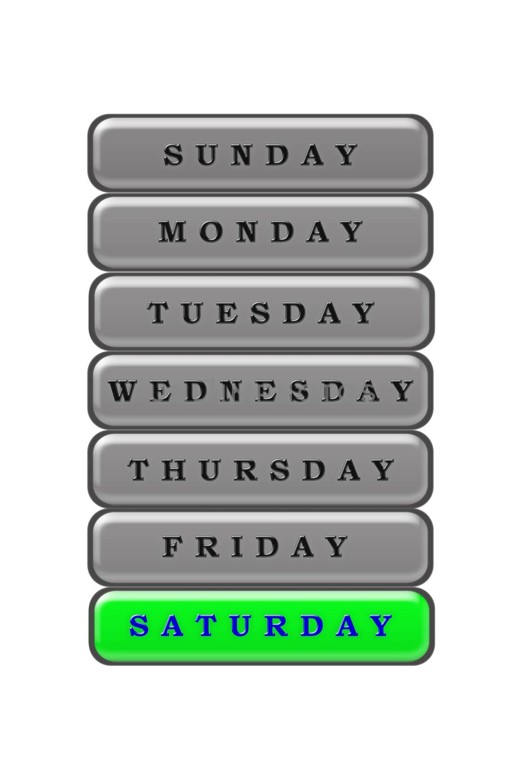 Among the list of days of the week on a green background blue highlighted Saturday.  The rest of the days are black on a gray background.