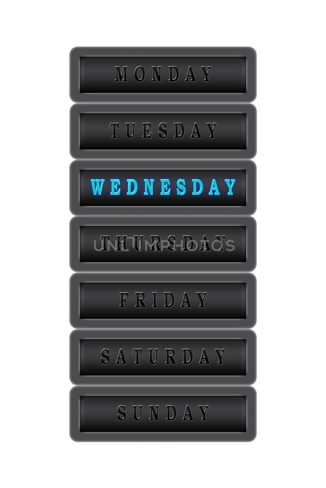 Among the days of the week, the environment is highlighted in blue on a dark background.  The rest of the days are black on a dark background.