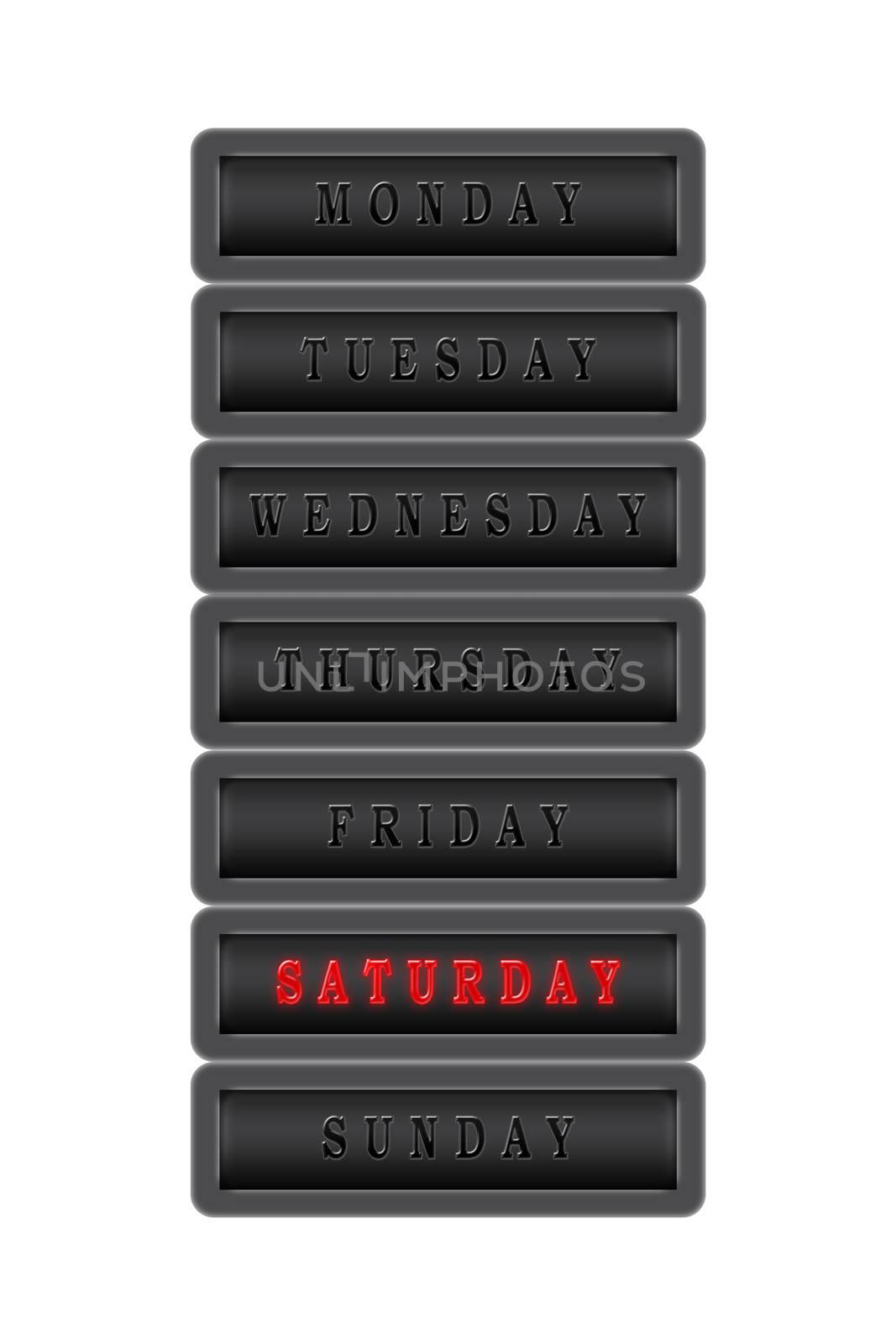 Among the list of days of the week, Saturday is highlighted in red on a dark background.  The rest of the days are black on a dark background.