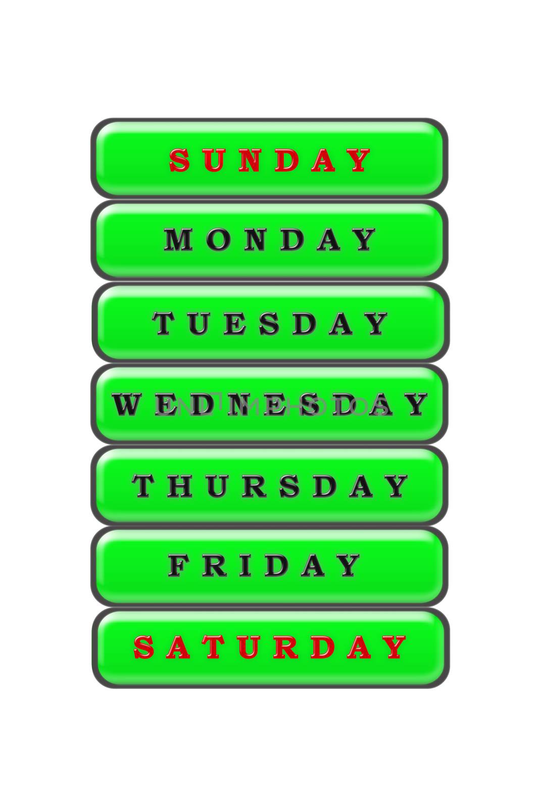 Among the list of days of the week on a green background, Sunday and Saturday are highlighted in red the rest of the days are highlighted in black.