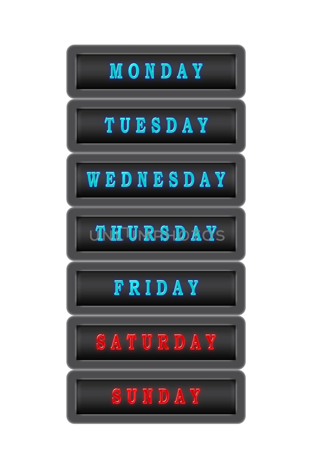 Among the list of days of the week, Saturday and Sunday are highlighted in red on a dark background.  The rest of the days are highlighted in blue on a dark background.